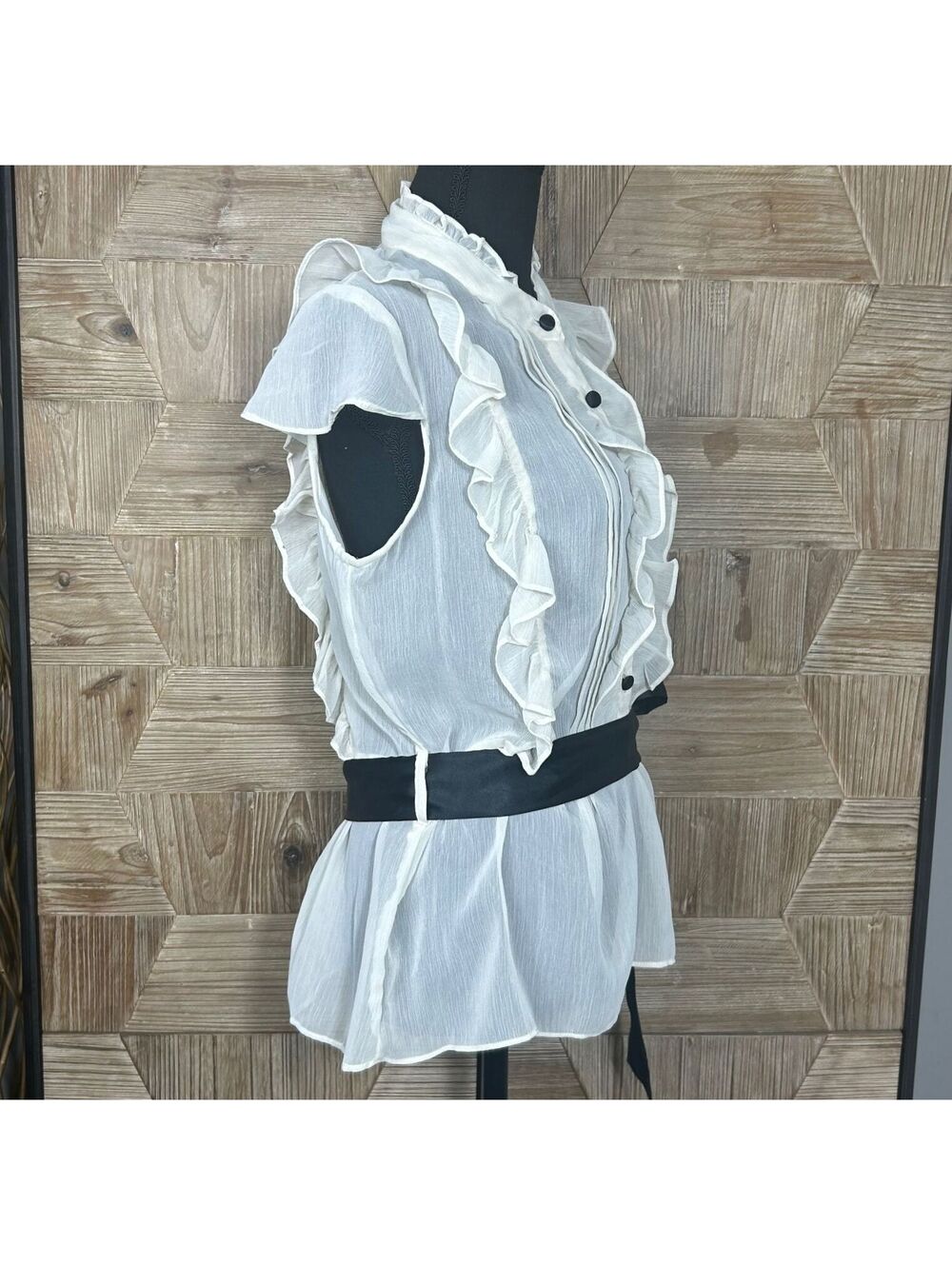 Vintage Dimri Coquette Cream Ruffle Tuxedo Blouse Large Black Satin Sash Belt - Picture 4 of 9